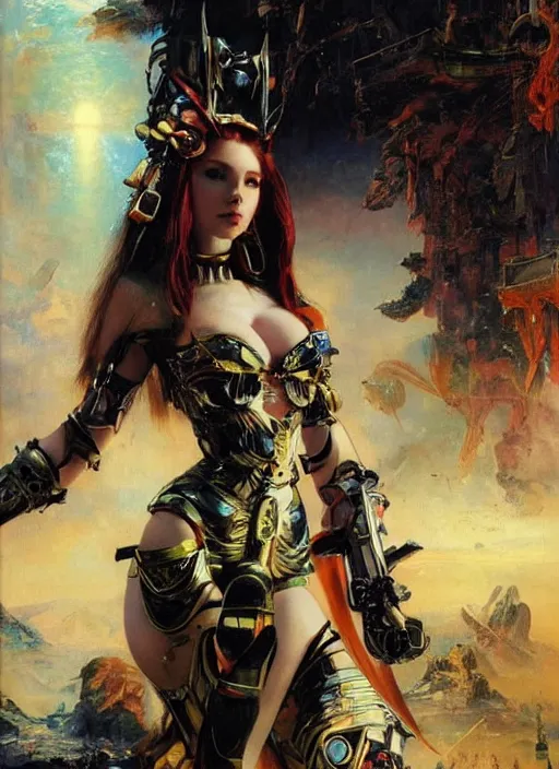Image similar to Amouranth as an evil futuristic Goddess by Frederick Edwin Church and John Berkey, rule of thirds, seductive look, beautiful, in intergalactic Japan
