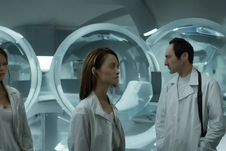 Image similar to movie closeup polar opposites, couple, researchers in a futuristic weapons lab, beautiful skin, Symmetrical faces. Beautiful lighting by Emmanuel Lubezki