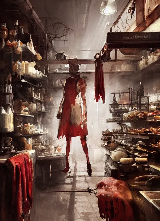 Prompt: portrait of a old butcher, bloody bloodstained apron, at a butcher shop, dramatic lighting, dimly lit, medium view, asymmetrical, intricate, elegant, matte painting, by greg rutkowski and greg tocchini and james gilleard and sargent