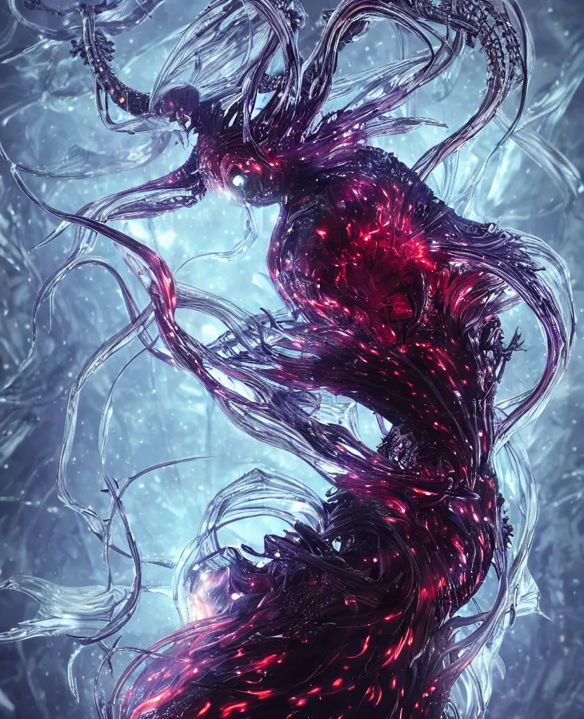 Image similar to close-up macro portrait of the dark queen, epic angle, epic pose, symmetrical artwork, 3d with depth of field, blurred background. cybernetic jellyfish phoenix bird, translucent, nautilus. energy flows of water and fire. a highly detailed epic cinematic concept art CG render. made in Maya, Blender and Photoshop, octane render, excellent composition, cinematic dystopian brutalist atmosphere, dynamic dramatic cinematic lighting, aesthetic, very inspirational, arthouse