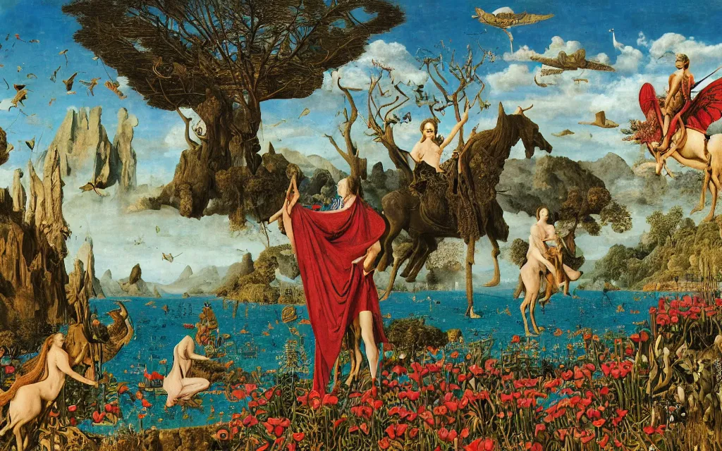 Prompt: a portrait photograph of a meditating sphinx and a centaur king riding birds at a river delta. surrounded by bulbous flowers, animals, trees. mountain range under a vast blue sky of burning stars. painted by jan van eyck, max ernst, ernst haeckel and ernst fuchs, cgsociety, artstation, fashion editorial, 8 k