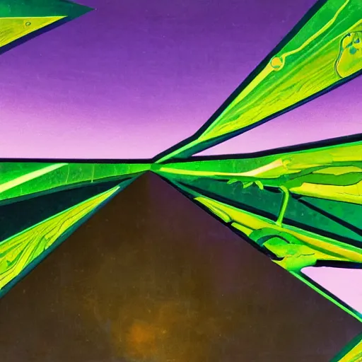 Image similar to a piece of purple sky with a green sun falls to the ground and breaks into fragments, metallic bridge, futurism, schizophrenia, hyperrealistic fall