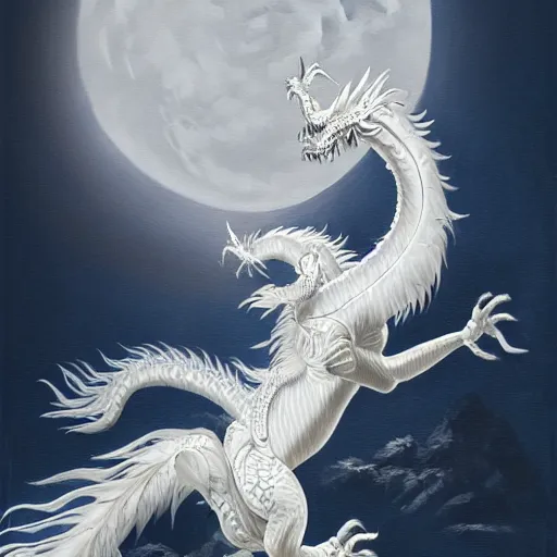 Prompt: a painting of a long white chinese dragon dancing in front of the moon, illustration, shiny, full resolution, full lights, sharp focus, Artstation, intricate, ethereal, highly detailed, smooth,