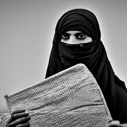 Prompt: 8 k uhd black and white portrait from burqa woman carrying a riffle's, uhd details, national geography winning photo contest