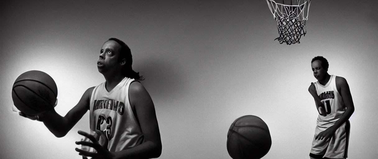 Image similar to award winning photo of todd solondz playing basketball in the hood and smoking weed, vivid colors, happy, symmetrical face, beautiful eyes, studio lighting, wide shot art by sally mann & arnold newman