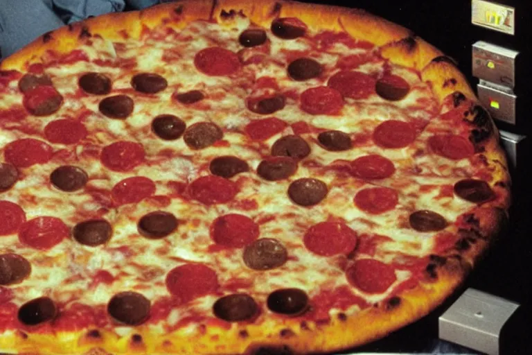 Image similar to stuffed crust pizza in cyberspace, in 1 9 8 5, y 2 k cybercore, industrial low - light photography, still from a ridley scott movie