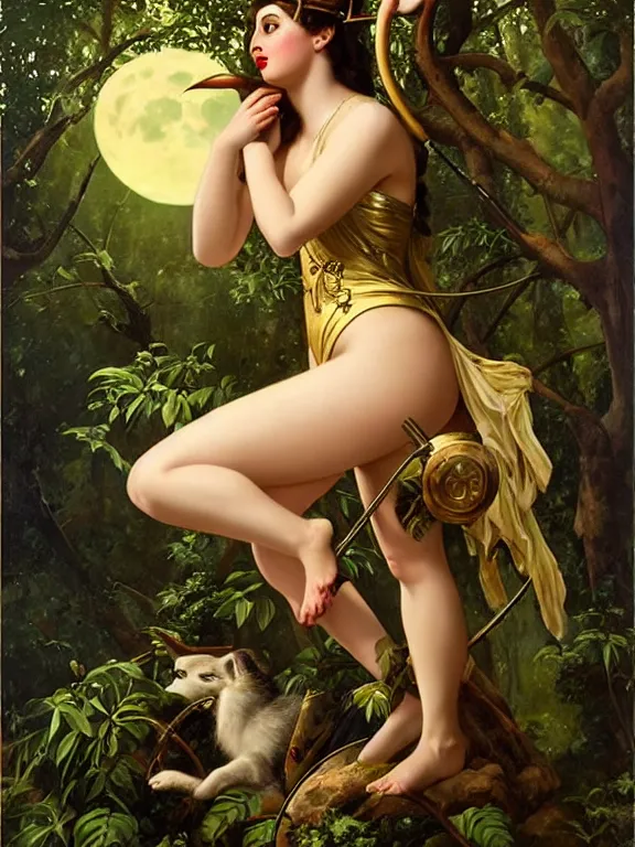 Image similar to Ana de armas as Artemis the Greek goddess of the hunt, a beautiful art nouveau portrait by Gil elvgren, Moonlit forest environment, centered composition, defined features, golden ratio, silver jewelry