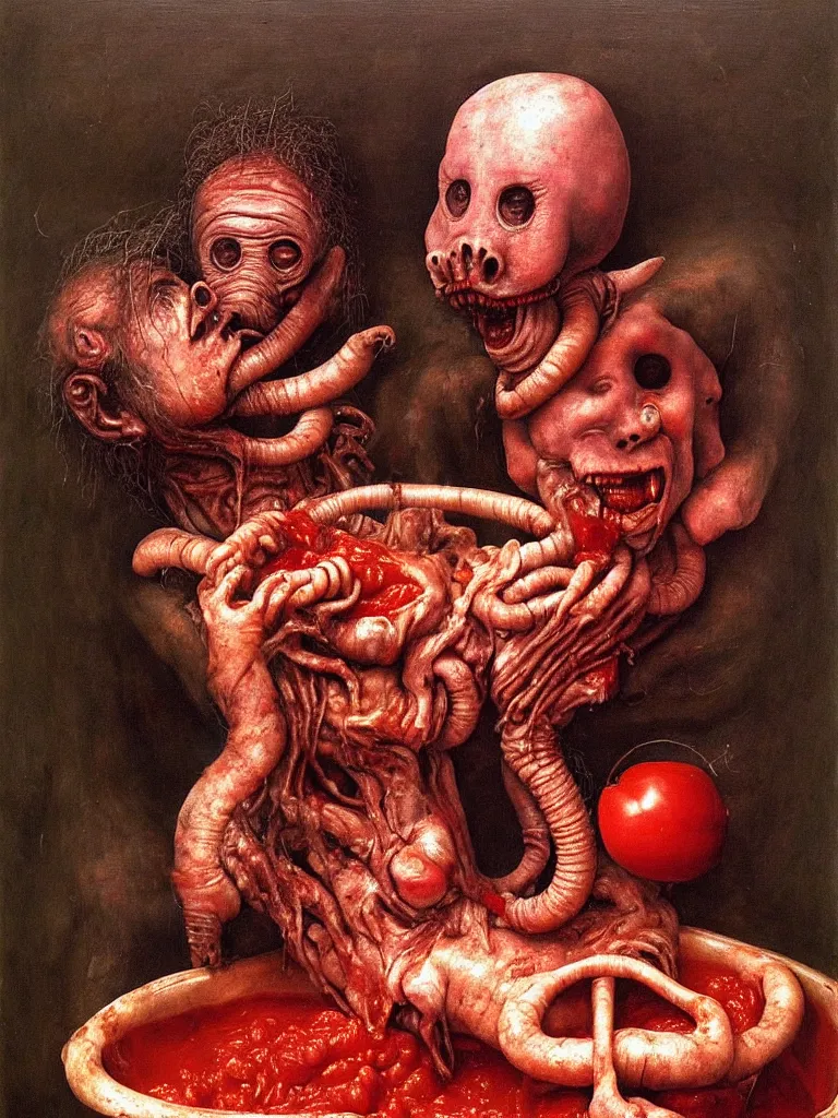 Image similar to a boy like eraserhead and elephant man sitting in a tub full of tomato sauce, looking straight into camera, screaming in desperation, by giuseppe arcimboldo and ambrosius benson, renaissance, fruit, intricate and intense oil paint, a touch of beksinski and hr giger and edward munch, realistic