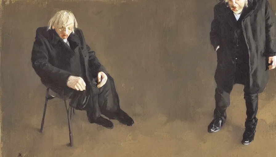 Prompt: painting by borremans, nikolai gogol in a black coat, detailed, stunning