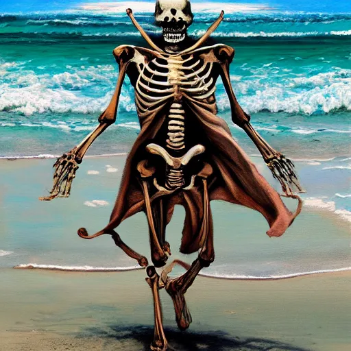 Prompt: Professional painting of anatomically correct happy skeleton walking along the beach, big highly detailed nuclear bomb explosion in the background, trending on Artstation, realistic, ultra detail, by Greg Rutkowski, Bikini Atoll, vibrant colors