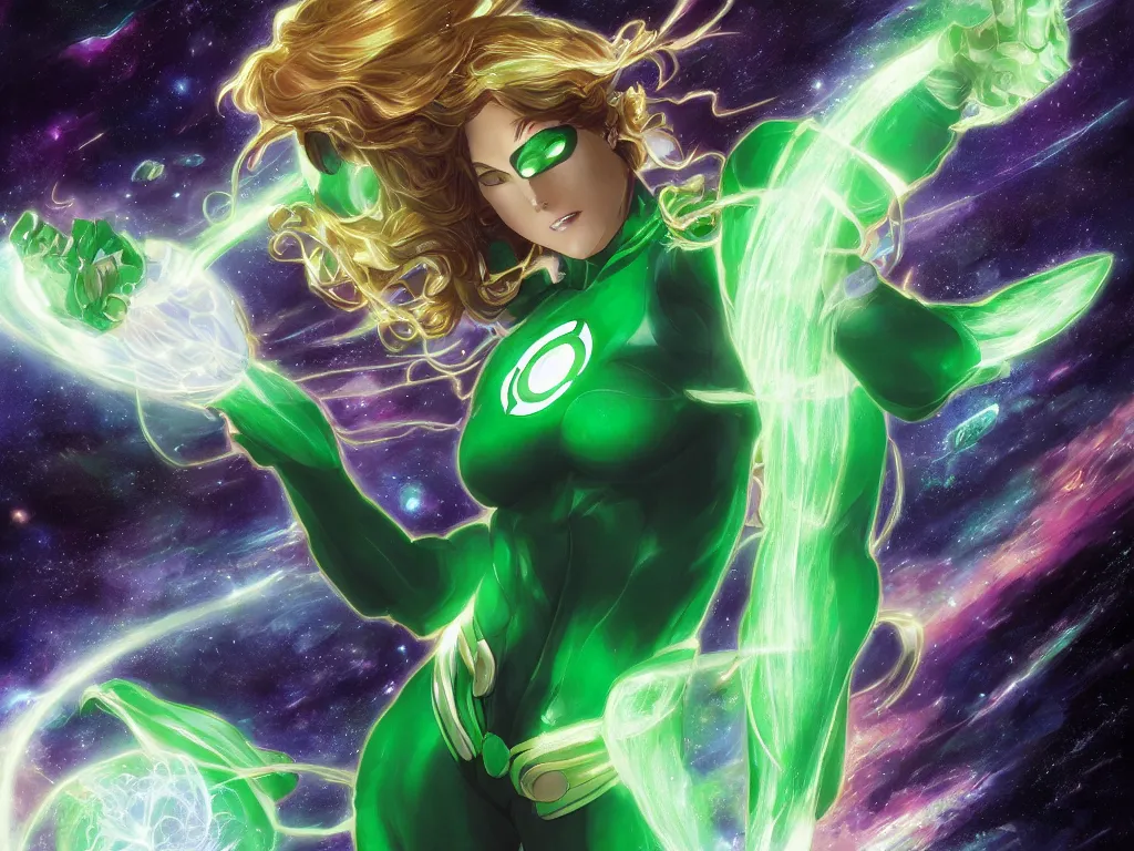 Image similar to anime key visual of one beautiful female green lantern, dc comics, power, hope, glowing, intricate, in space, stunning, highly detailed, digital painting, artstation, smooth, hard focus, illustration, art by artgerm and greg rutkowski and alphonse mucha