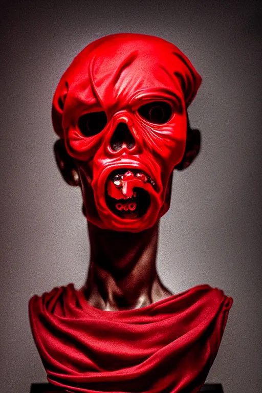 Image similar to chrome one eyed cyclop cracked skull statue layed on a red silk fabric, by hedi xandt and antonio corradini, macabre art, dark surrealism, epic and cinematic view, volummetric light, texturized, detailed, 8 k