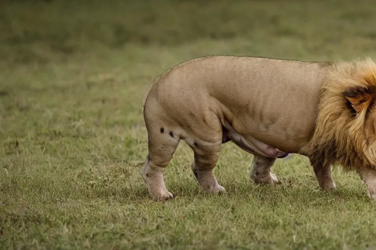 Image similar to a lion pig!!! hybrid! hyper realistic!! realistic lighting!! wildlife photographer of the year!!! bold natural colors, national geographic, hd, wide angle, 8 k