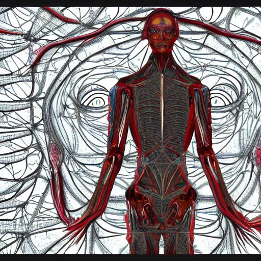 Prompt: long shot human robot made out of meat anatomical render in the style of alex grey hr giger, with an ornate fractal background featuring psychedelic eyes