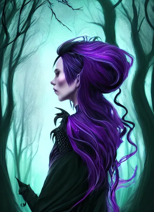 Image similar to side portrait dark queen, witch outfit large cloak, fantasy forest landscape, dragon scales, fantasy magic, undercut hairstyle, short purple black fade hair!!!!!!, dark light night, intricate, elegant, sharp focus, illustration, highly detailed!!!!!!!, digital painting, concept art, green neon smoke, matte painting, art by WLOP and Artgerm and Greg Rutkowski and Alphonse Mucha, masterpiece