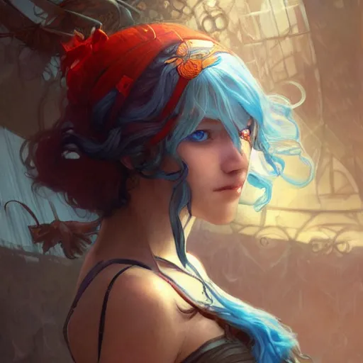 Prompt: a girl with blue hair and red eyes, D&D, fantasy, intricate, elegant, highly detailed, digital painting, artstation, concept art, smooth, sharp focus, illustration, art by artgerm and greg rutkowski and alphonse mucha