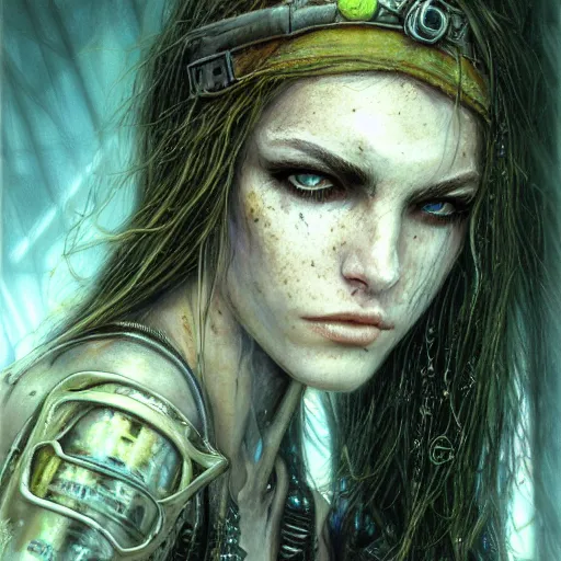 Image similar to an award finning closeup facial portrait by luis royo and john howe of a very beautiful and attractive female bohemian cyberpunk traveller aged 1 9 with green eyes and freckles in clothed in excessively fashionable cyberpunk gear and wearing ornate warpaint