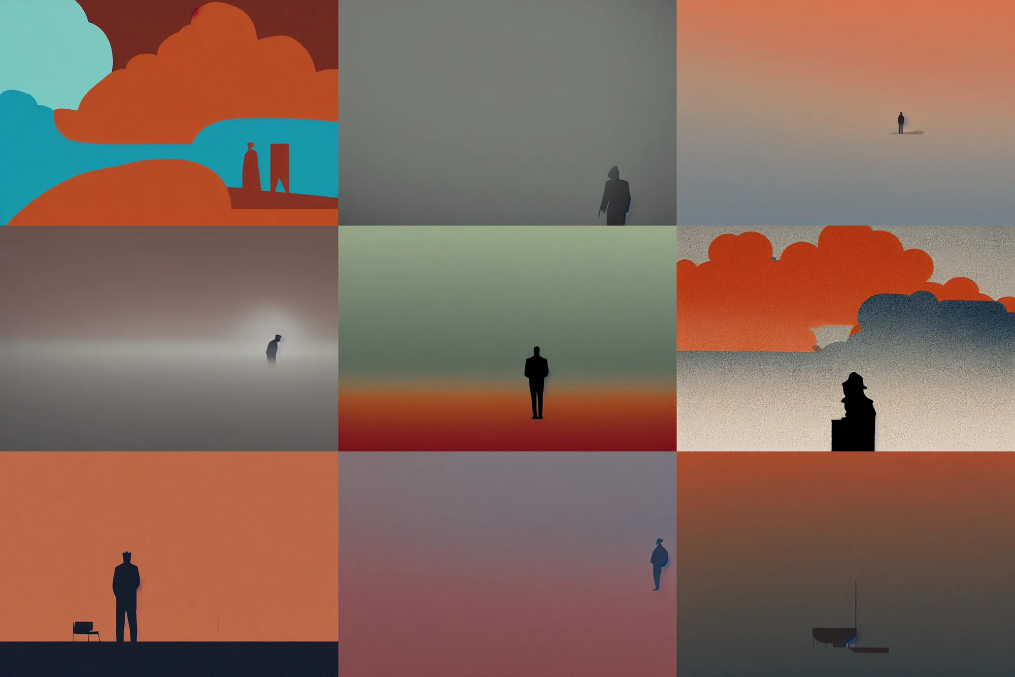 Prompt: editorial illustration by karolis strautniekas and mads berg, home office, liquid clouds, fog, lonely silhouette, red orange blue beige, fine texture, detailed, muted colors, film noir, dramatic lighting, dynamic composition, vivid, matte print, wide angle, ( ( sunbeams ) ), moody, extreme perspective
