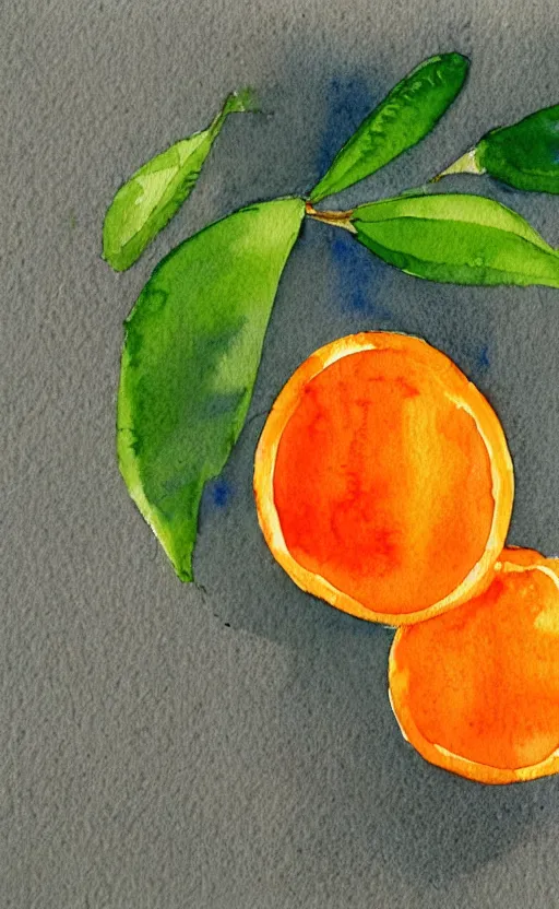 Image similar to minimalist watercolor art of oranges with green leaves