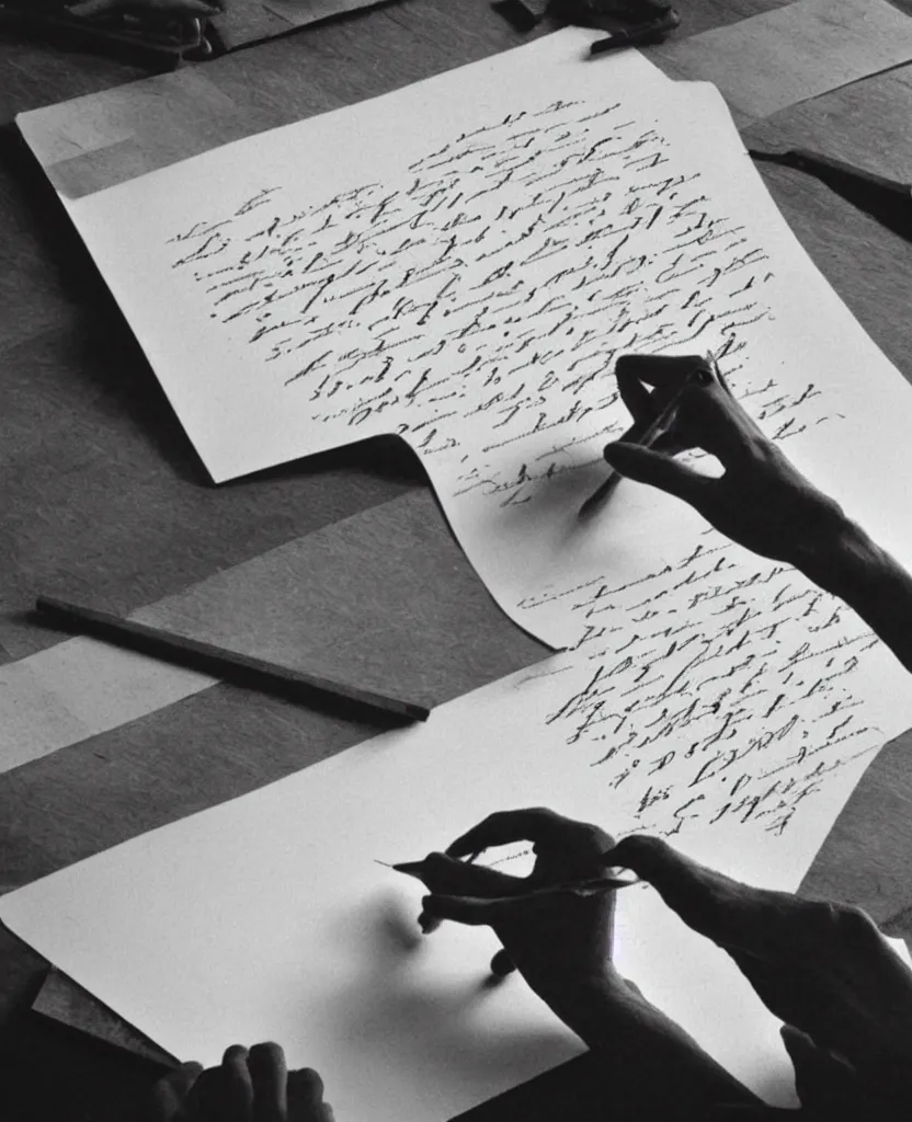 Image similar to stop motion movie frames representing a painting of a hand writing a letter, war in background, stop motion, minimal, black and white, designed by escher