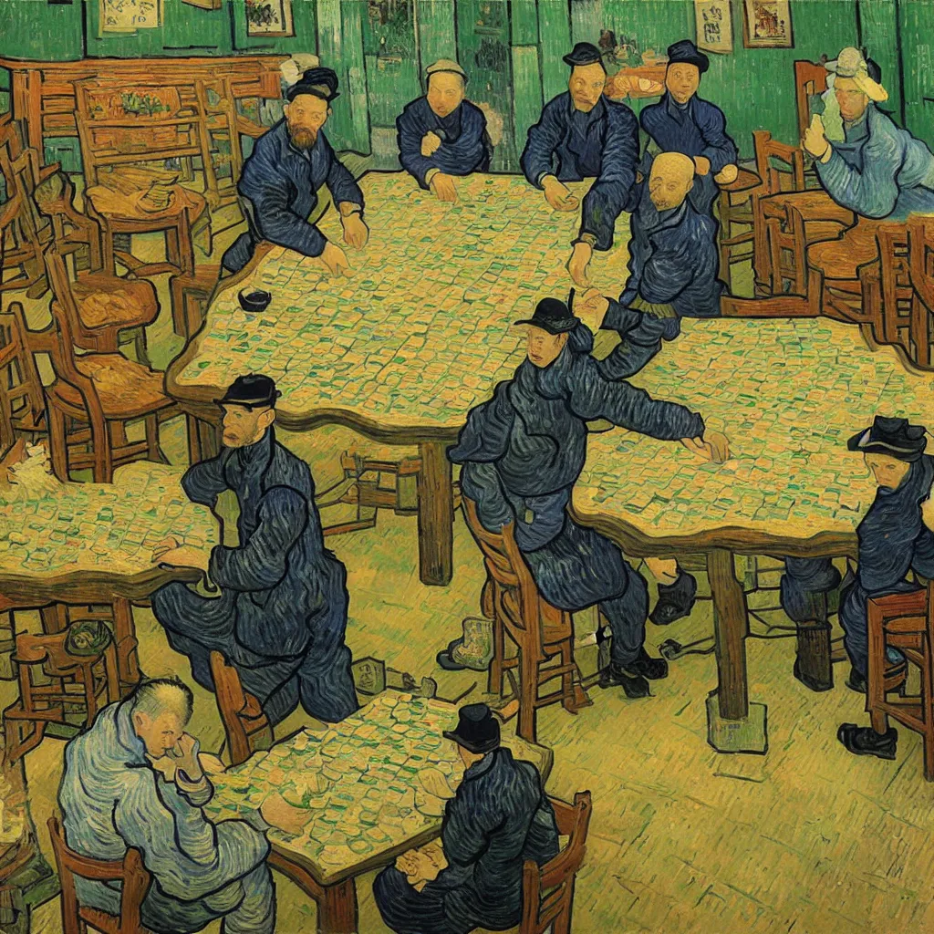 Image similar to van gogh plays mahjong in chengdu, highly detailed