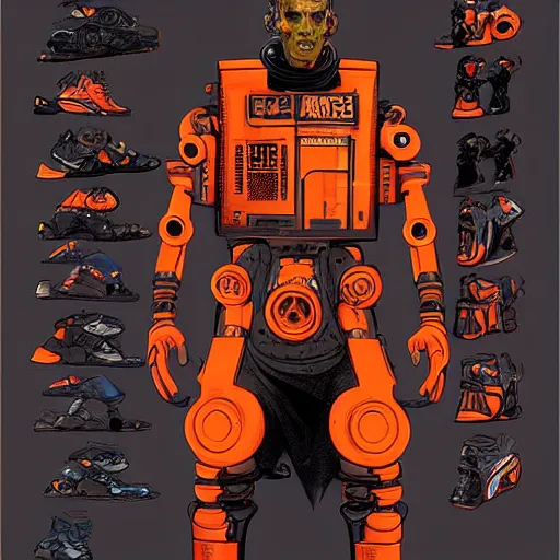 Prompt: cyberpunk athlete dude with robotic feet. orange and black color scheme. concept art by james gurney and mœbius. apex legends character art