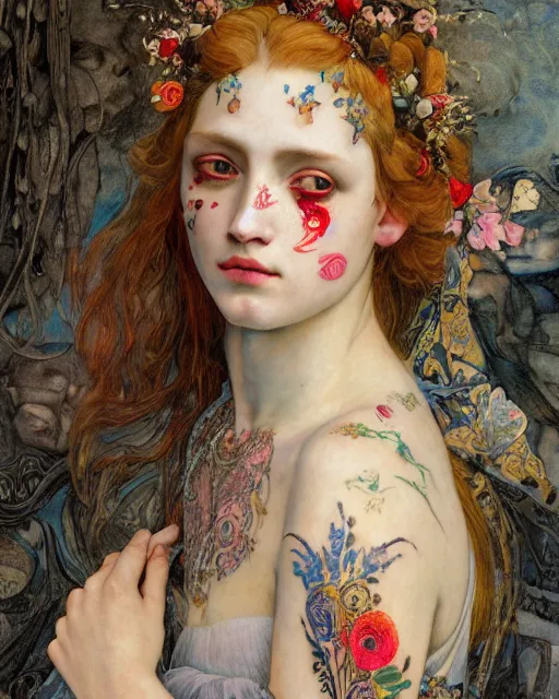 Prompt: aclose up of a beautiful girl in a wedding dress with colourful intricate tattoos, by edgar maxence and caravaggio and michael whelan and delacroix style, artistic, intricate drawing, light brazen, realistic fantasy, extremely detailed and beautiful aesthetic face, 8 k resolution, dramatic lighting