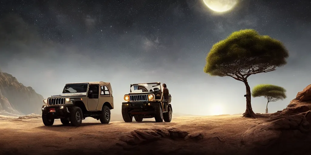 Image similar to mahindra thar riding through moonlit socotra island with dragon trees, starry night, chasing action scene, epic fantasy, sharp focus, trending on ArtStation, masterpiece, by Greg Rutkowski, by Ross Tran, by Fenghua Zhong, corona render, soft render, ultrarealistic, colorful, cinematic, matte painting, shadow of the tomb rider