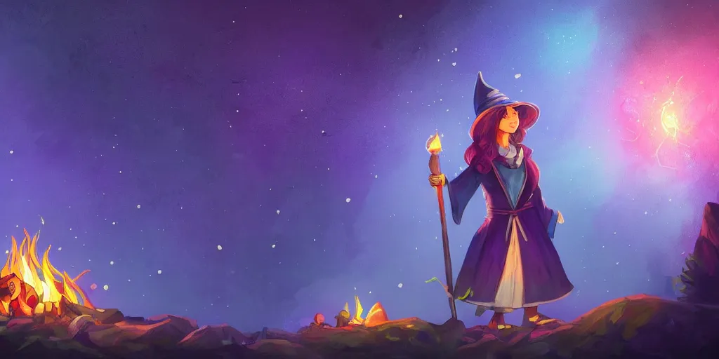 Prompt: female wizard with detailed face in a starry wizard hat casting a soothing purple spell near a crackling campfire at night in the woods, dramatic light and particle effects, digital painting, artstation style, beautiful detailed background, haunting, danger