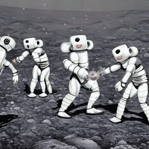 Image similar to a group of robots on the moon playing ultimate frisbee