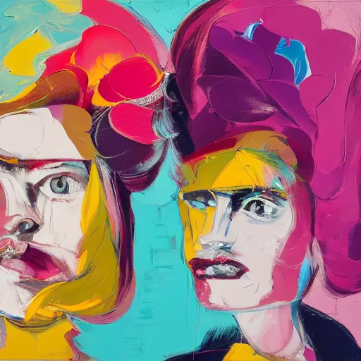 Image similar to a portrait of two beautiful 3 0 year old sisters in a scenic environment by francoise nielly, francis bacon