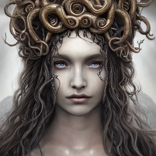 Image similar to an epic portrait of medusa, goddess, beautiful, detailed beautiful face, epic fantasy art, award winning on artstation, trending on deviantart, mystical atmosphere, mythology, high definiton, high detail, high quality, ultra realistic, hyper realistic, 4 k uhd,