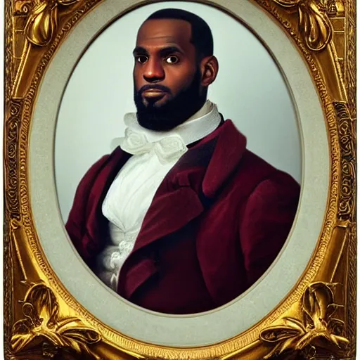 Image similar to a portrait of Lebron James, strong pose, highly detailed, in the style of Franz Xaver Winterhalter, highly detailed, in the style of Aetherpunk