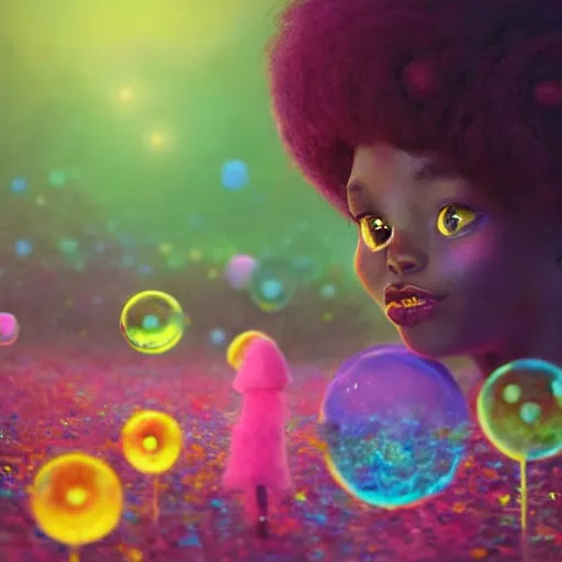 Image similar to a black girl with big beautiful eyes and a colorful afro playing with bubbles in the candy forest, bright colors, synthwave, watercolor, volumetric wool felting, felt, macro photography, children illustration, global illumination, radiant light, detailed and intricate environment, by goro fujita, bokeh!!!!