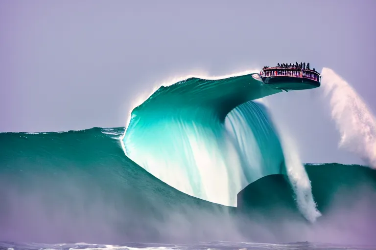 Prompt: photography of a gigantic white whale jumping a wave at nazare