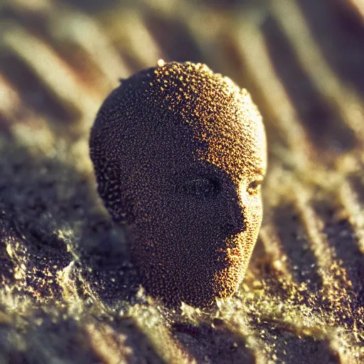 Image similar to photo of a prince made of chocolate melting in the desert sun, 2 0 0 mm lens, shot on grainy film, hyperrealism, bokeh