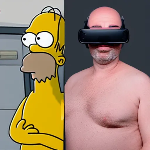 Prompt: of homer simpson wearing a VR headset, symmetrical, real life photo of the actor