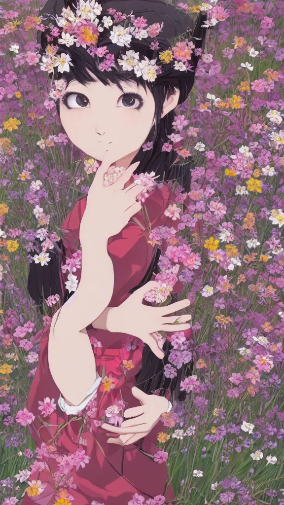 Image similar to portrait of a japanese girl dancing in a field full of flowers, detailed, elegant, highly detailed, artstation, concept art, illustration, sharp focus, anime, art by kurozaki sakura,