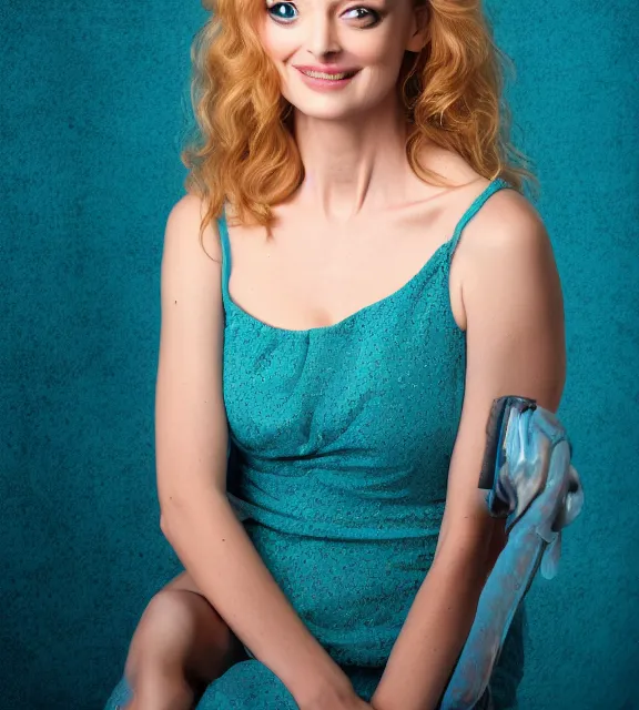 Image similar to beautiful portrait photo of Heather Graham, slight smile, 85mm, teal studio backdrop