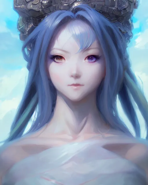 Image similar to character concept art of a an anime cloud goddess | | cute - fine - face, pretty face, realistic shaded perfect face, fine details by stanley artgerm lau, wlop, rossdraws, james jean, andrei riabovitchev, marc simonetti, and sakimichan, tranding on artstation