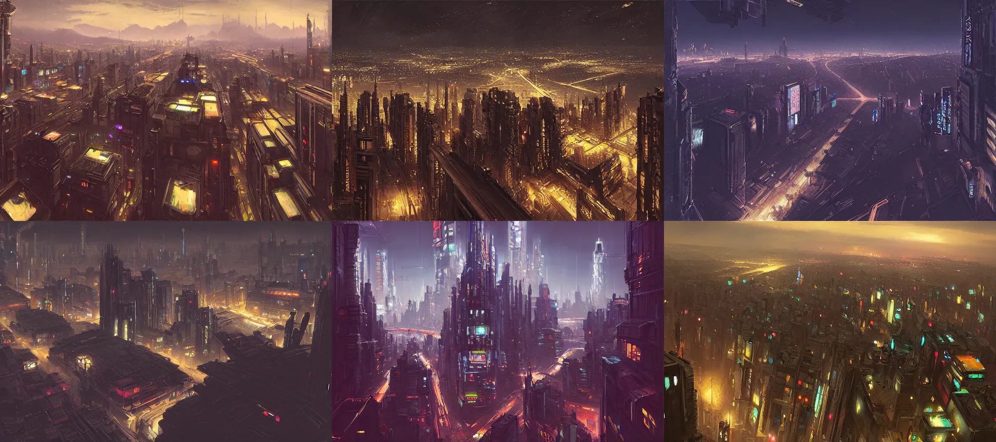 Prompt: night in coronet city, cyberpunk, overhead view, distance shot, painting by raphael lacoste