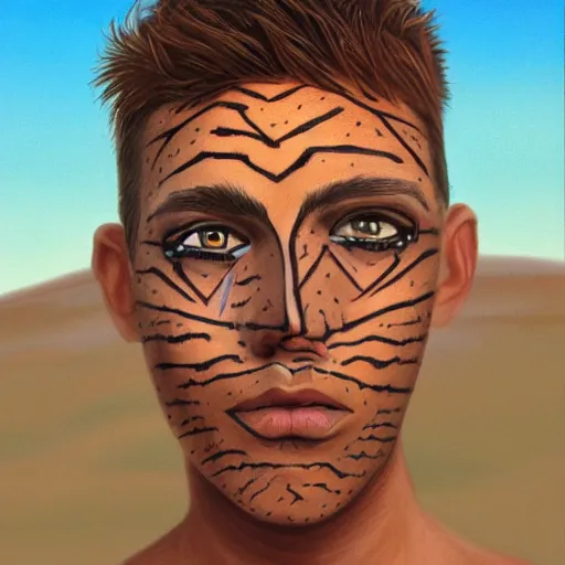 Prompt: a detailed portrait of a tan boy with a small face tattoo in the desert, fantasy art illustration, incredibly highly detailed and realistic, 8 k, sharp focus