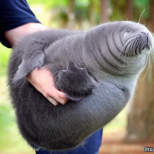 Image similar to incredibly fluffy cat sized pygmy manatee being cradled by a person, realistic, fantasy, pet, adorable, national geographic