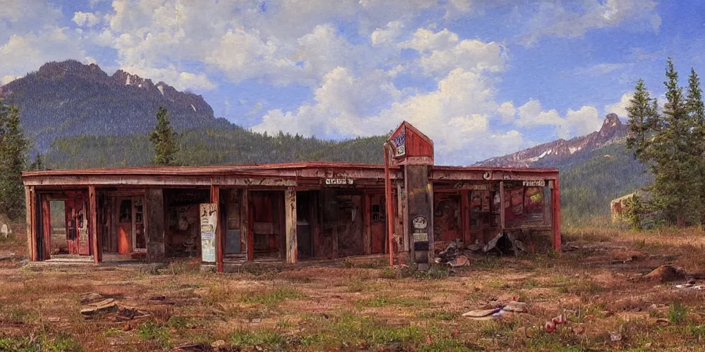 Image similar to an abandoned old rusty American gas station in Colorado mountains, oil painting, highly detailed, artwork, in style of Albert bierstadt