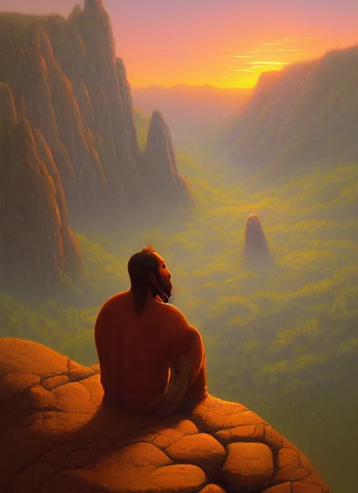 Prompt: an indigenous man sitting at the top of a cliff, looking down at the valley, doing a vision quest, beautiful sunset, art by christophe vacher