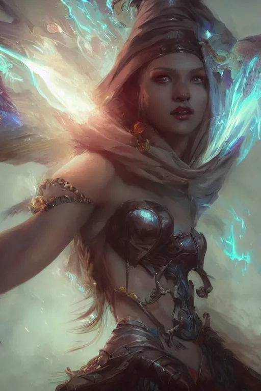 Prompt: closeup beautiful girl necromancer, wizards of the coast, casting magic spell, angel, 3 d render, hyper realistic detailed portrait, magic storm, thunder, ruan jia, wlop. scifi, fantasy, magic the gathering, hyper detailed, octane render, concept art, peter mohrbacher