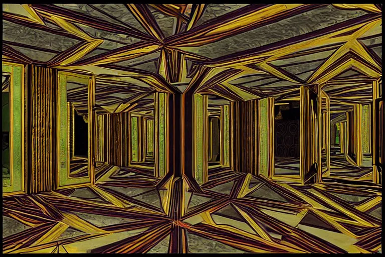 Prompt: hall of mirrors, art deco, ps 1 graphics