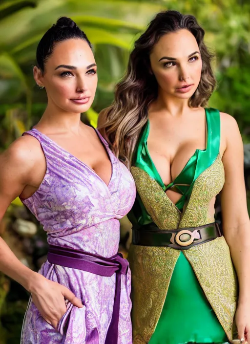 Image similar to portrait of lindsey pelas and gal gadot wearing green kebaya and purple silk belt in bali, by charlotte grimm, natural light, detailed face, beautiful features, symmetrical, canon eos c 3 0 0, ƒ 1. 8, 3 5 mm, 8 k, medium - format print, half body shot