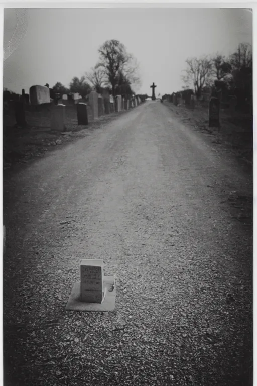 Prompt: photo polaroid of sad and lonely child in the middle of the street, in front of him is a cemetery graves, loneliness, black and white ,photorealistic, 35mm film,