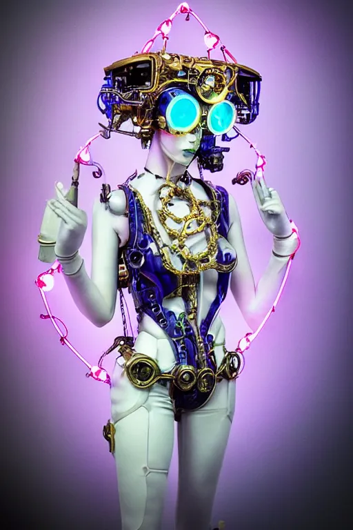 Image similar to full-body porcelain baroque steampunk futuristic style sculpture of a young beautiful goddess as a half-robot wearing cholo shades, blue glowing lips, mechanical fingers, oozing neon radioactive liquid, electric sparks, glowing hot magenta laser beam eyes, blue diamonds, golden steampunk necklace with a glowing white crystal orb, flowing pink satin, industrial fabrics, mechanical plants. baroque and steampunk elements. full-length view. baroque element. intricate artwork by caravaggio. Trending on artstation, octane render, cinematic lighting from the right, hyper realism, octane render, 8k, depth of field, 3D